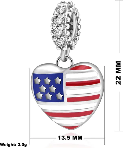 Vista 2 de Abalorio de plata de ley 925 con diseño de bandera estadounidense y corazón para pulsera europea