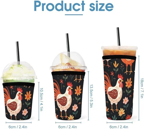 Vista 2 de Cute Rooster Chickens Reusable Insulated Neoprene Iced Coffee Cup Sleeves 3 Sizes Diving Material Cup Durable Beverage Covers for Cold Coffee Tea