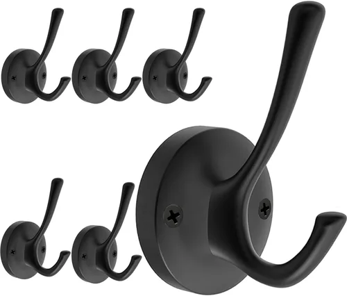Vista 19 de TOFIIGREM Ganchos negros para toallas, paquete de 2 ganchos de metal resistente para bata de baño, gancho doble montado en la pared, ganchos