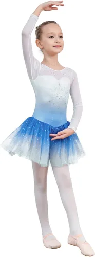 Vista 4 de EQSJIU Longsleeve Ballet Leotard with Tutu Skirt for Girls Dance Gymnastics Toddlers Sparkly Snowflake Party Dress Kids