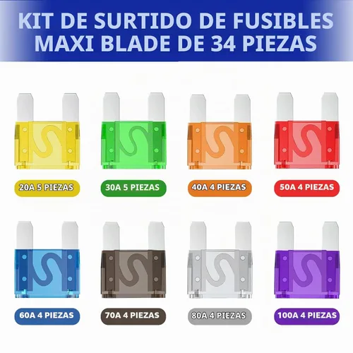 Vista 2 de Kit de fusibles Maxi Blade surtido para auto, 20 A, 30 A, 40 A, 50 A, 60 A, 70 A, 80 A, 100 A, BUSY-CORNER, 34 piezas