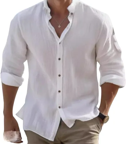 Vista 9 de Camisas de algodón para hombre, de manga larga, con botones, con cuello liso, camisetas casuales para la playa
