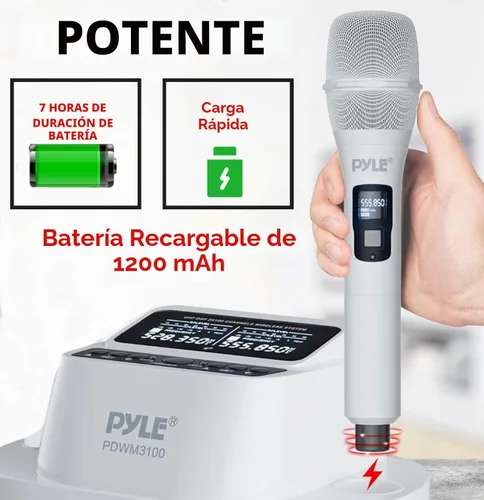 Vista 5 de Pyle Juego de micrófonos de karaoke - Micrófonos inalámbricos con receptor de canal UHF 2x100, sonido de alta fidelidad, antiinterferencias
