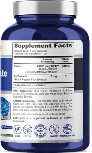 Vista 2 de NusaPure L Metilfolato 15 mg, 120 cápsulas vegetales, bioperina y vegano