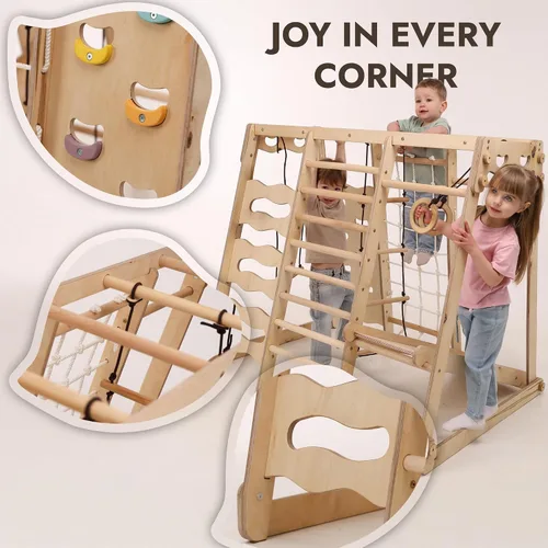 Vista 6 de Goodevas Mejora el marco de escalada interior 9 en 1 para niños, marco de escalada Montessori con tobogán, columpio, pared de escalada, triángulo