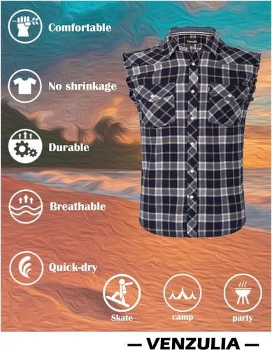 Vista 4 de Camisa casual de franela a cuadros para hombre, sin mangas, con bolsillo