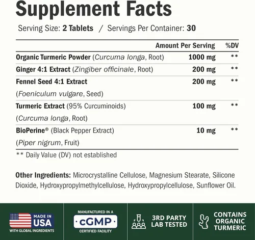 Vista 2 de Suplemento de Cúrcuma Curcumina con Raíz de Jengibre para Apoyo Articular, Digestivo y Salud Intestinal - Contiene Cúrcuma Curcumina Orgánica