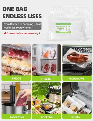 Vista 7 de Bolsas selladoras al vacío, bolsa reutilizable con cremallera al vacío, sin BPA, bolsa de almacenamiento al vacío resistente para alimentos, 15