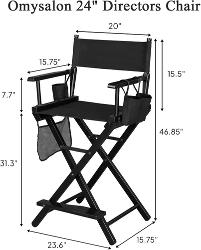 Vista 3 de mefeir Silla de director mediana y alta de 24 pulgadas de altura, maquillaje de artista plegable con cubierta de repuesto, bolsas laterales