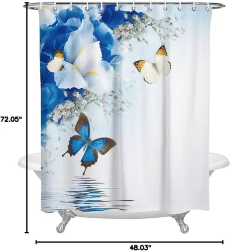 Vista 2 de Cortina de ducha – Cortina de ducha con diseño de flores de lirio, mariposa, superficie de agua, cortina de baño decorativa de tela de poliéster