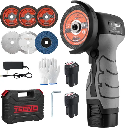 Vista 9 de TEENO Kit de amoladora angular inalámbrica, mini herramienta de molienda angular eléctrica de 19,500 RPM con 2 baterías de 2000 mAh y 6 discos
