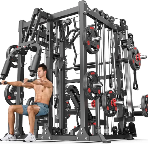 Vista 14 de XGSW Smith Machine Gimnasio en casa, jaula de potencia multifunción con sistema cruzado de cable de polea doble, estante para sentadillas
