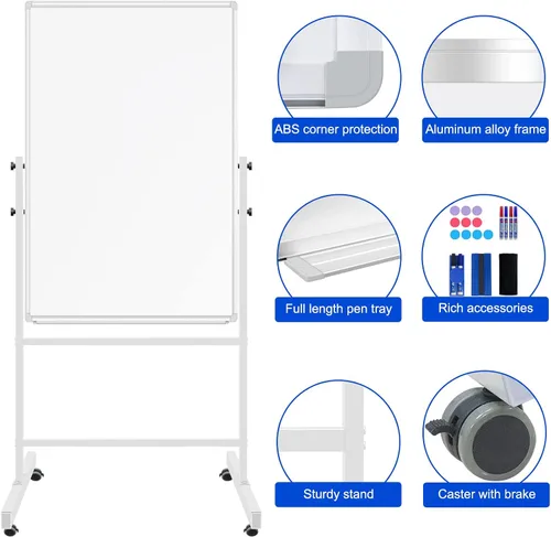 Vista 6 de Pizarra Blanca de Borrado en Seco con Soporte 36" X 24", Pizarra Blanca Móvil con Soportes, Pizarra Blanca Magnética Rodante de Doble Cara y Altura