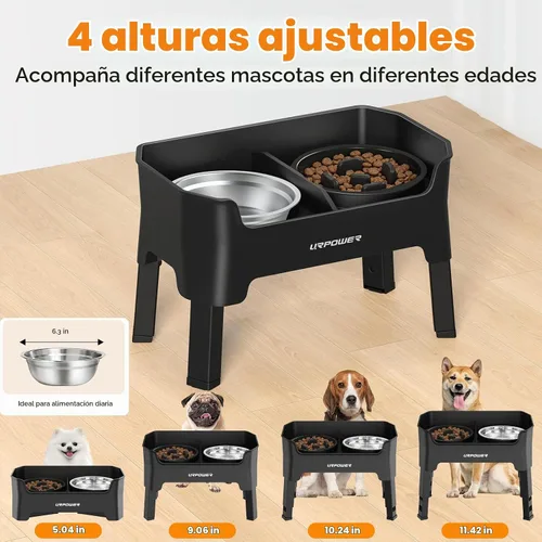 Vista 2 de URPOWER Cuencos elevados para perros pequeños, soporte elevado 3 en 1 Negro