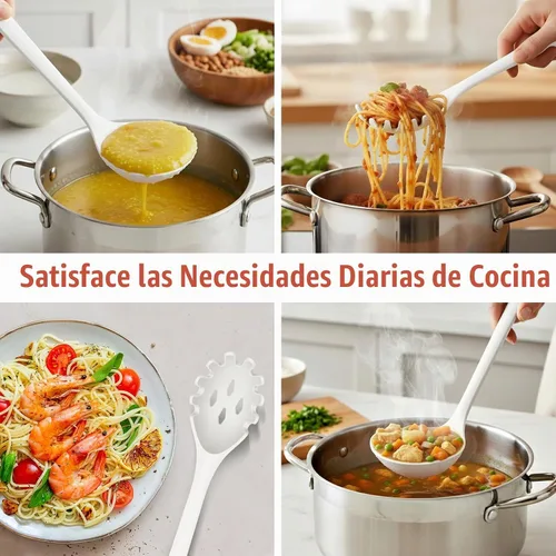 Vista 3 de Juego de 2 utensilios de cocina de silicona para espaguetis y cucharón de Blanco