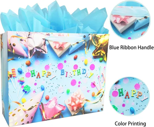 Vista 4 de LivebyCare Bolsas grandes de regalo de cumpleaños de 13 pulgadas con papel de seda y tarjeta, perfectas para bolsas de regalo para bebés, niños