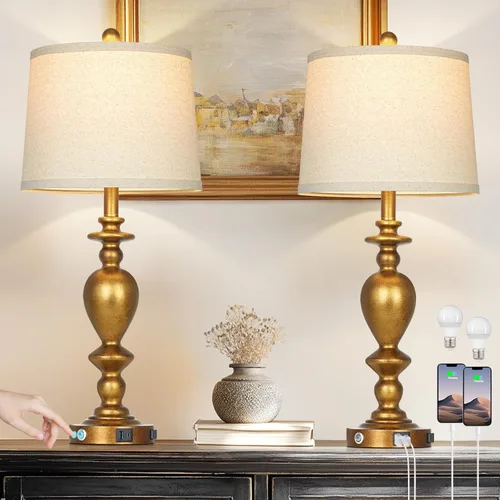 Vista 11 de Cinkeda Juego de 2 lámparas de mesa de granja con puerto de carga USB para sala de estar rústica y dormitorio retro, lámpara táctil regulable de 3
