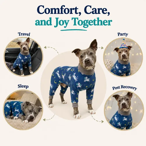 Vista 5 de Tooth & Honey Pit Bull - Pijama para perro con estampado de vaca, luna y estrella, con cobertura completa, pijama ligera para perros grandes
