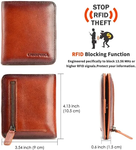 Vista 2 de Cartera de cuero con cremallera para hombre, con bloqueo RFID, mini billetera portátil con múltiples ranuras para tarjetas para billetes, marrón