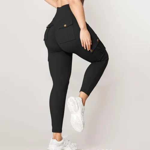 Vista 4 de Ayolanni Women High Waist Yoga Leggings Butt Lifting Tummy Control Solid Cargo Tights with Button Porkets for Jogging Workout