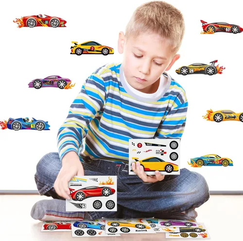 Vista 6 de Zonon 48 hojas de calcomanías de automóvil para niños, recuerdos de fiesta de carreras para niños, haz tus propias calcomanías de bricolaje de auto
