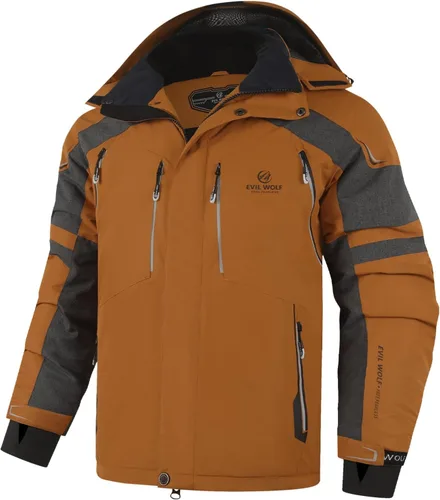 Vista 7 de EVIL WOLF Chaqueta de esquí impermeable para hombre, con capucha y cálida, con múltiples bolsillos, equipo esencial de invierno para esquí