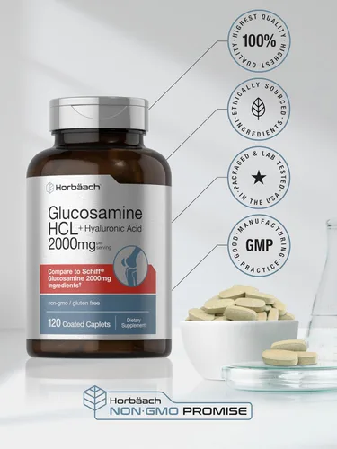 Vista 6 de Horbäach Glucosamina HCL con ácido hialurónico 2000 mg 120 comprimidos recubiertos Suplemento sin OMG y sin gluten