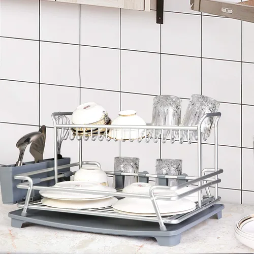 Vista 2 de Escurridor de platos con tabla de drenaje giratoria de 360° y boquilla de drenaje, escurridor de platos de aluminio inoxidable de 2 niveles