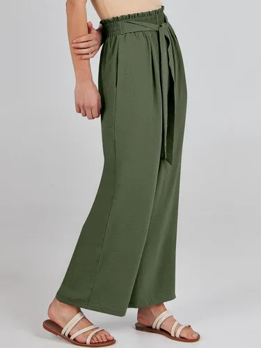 Vista 4 de ANRABESS Pantalones palazzo de pierna ancha para mujer con bolsillos, cintura alta, nudo de lazo, negocios, casual, de moda, bohemios