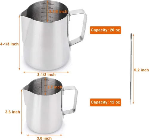 Vista 2 de Nicunom Paquete de 2 jarras espumadoras de leche, jarra de vapor de café expreso de 12 onzas y 20 onzas, taza vaporera de leche de acero inoxidable