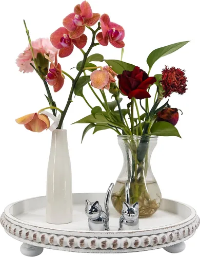 Vista 9 de FramePro Bandeja Decorativa Redonda de 12 pulgadas con Cuentas de Madera - Elevadores de Bandeja de Servir Negros para Sala de Estar, Mesa de Café
