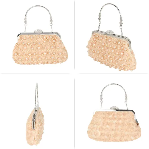 Vista 5 de Women Mini False Pearls Evening Handbag Clutch Metal Top-handle Bag Chain Strap Cross-body Bag