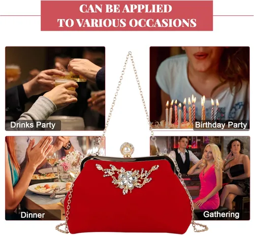 Vista 7 de LUI SUI Bolso de mano de terciopelo con flores para mujer bolso de hombro de cristal bolso de mano de boda para banquetes de graduación
