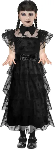 Vista 7 de Vlinsha Wednesday Addams Costumes Dress for Girls Kids, Wednesday Costume Birthday Halloween Cosplay Party Dress With Belt
