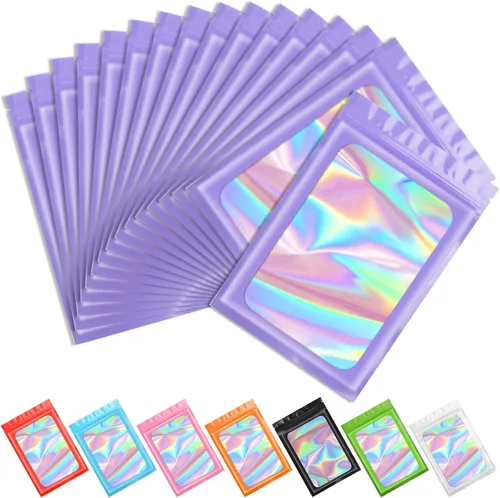 Vista 26 de Funfery 100 bolsas holográficas de Mylar naranja, cremallera resellable