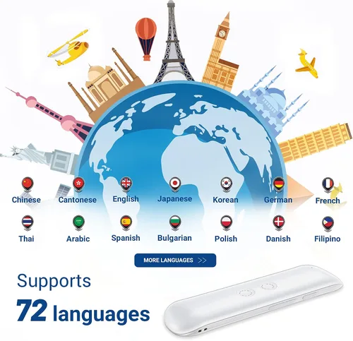 Vista 2 de XURPURTLK Dispositivo de traductor de voz de idiomas Traducciones de 2 vías en tiempo real compatible con 72 idiomas para viajar, aprender compras