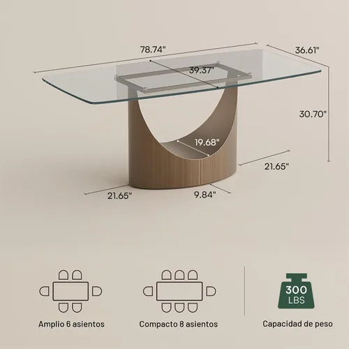 Vista 2 de POVISON Mesa de comedor de cristal de 79" para 6-8, mesa de comedor rectangular moderna, mesa de cristal templado con base de bronce en forma de U