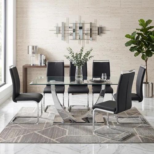 Vista 11 de Juego de mesa de comedor blanca para 6, 71 pulgadas, juego de mesa de comedor de mármol sintético para 6 Modern Dining Table Set for 6, Black PU