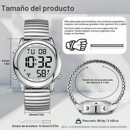 Vista 6 de Hearkent Reloj parlante digital grande para personas mayores ciegas con Plateado