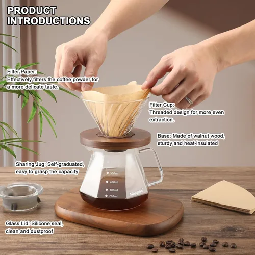 Vista 2 de Mongdio Cafetera de Goteo para Poner Encima, Cafetera de Vidrio de Borosilicato Resistente al Calor de 20 oz con 100 Filtros de Papel, Set