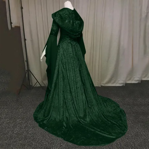 Vista 2 de Vestido renacentista para mujer, disfraz divertido de Hallowwen, vestido gótico medieval con capucha, manga larga, vestido largo victoriano