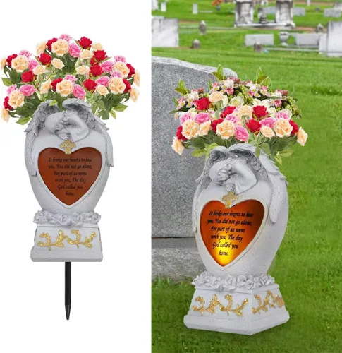 Vista 11 de Decoraciones de cementerio para tumba, ángel de jardín, luces solares, estatua conmemorativa familiar, regalo funerario, jarrón LED, ángel llorando