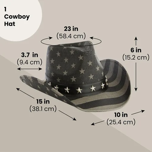 Vista 3 de Sombrero de vaquero de paja de Estados Unidos para hombres y mujeres, aspecto vintage, sombrero de vaquera para fiesta de disfraces (tamaño adulto)