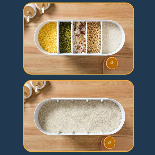 Vista 7 de Contenedor de almacenamiento de arroz y granos de 5 rejillas, dispensador de arroz y alimentos con cubo de almacenamiento de presión de un botón