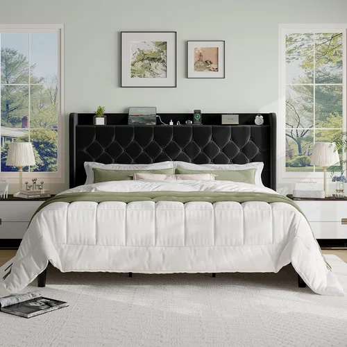 Vista 17 de SHA CERLIN Base de cama de plataforma de tamaño matrimonial con estación de carga, cabecera de lino con estante de almacenamiento, soporte