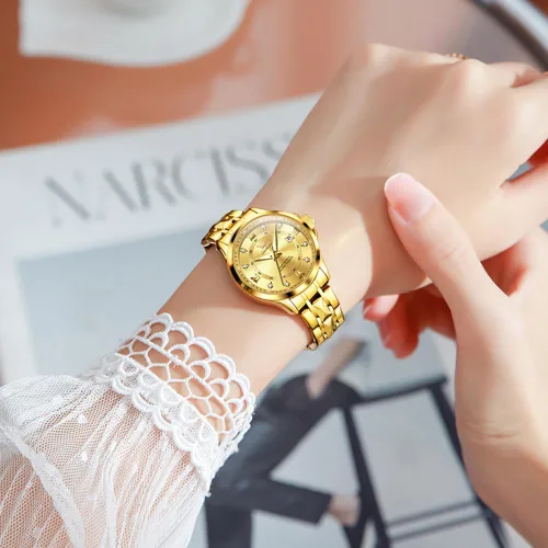 Vista 4 de OLEVS Reloj para mujer, relojes automáticos para mujer con pulsera de acero inoxidable de dos tonos, elegantes relojes de mujer de oro rosa, relojes