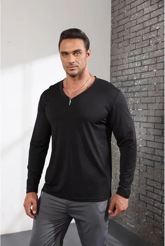 Vista 5 de SEGANUP Camisas de entrenamiento para hombre, cuello en V, casual, manga larga, gimnasio, musculo, camisetas de entrenamiento de moda para culturismo