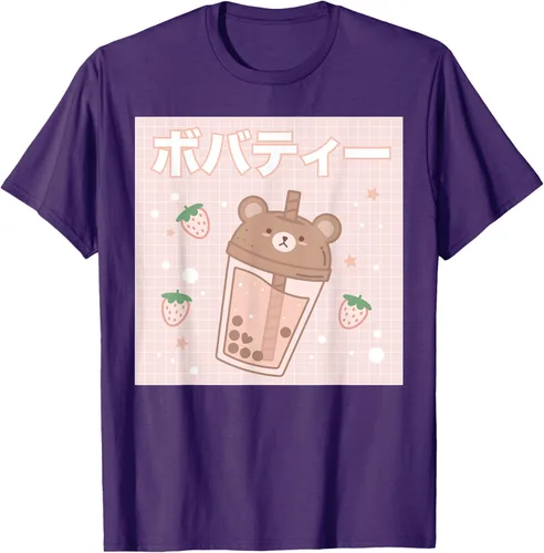 Vista 55 de Camiseta estética Kawaii con diseño de oso lindo y té con leche burbuja, talla S Blanco
