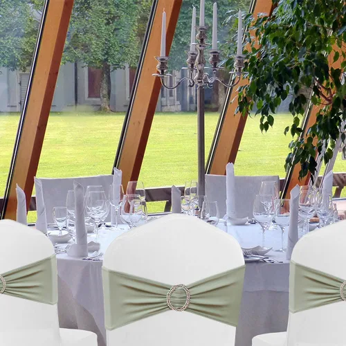 Vista 3 de Paquete de 50 bandas para sillas color verde salvia, bandas elásticas para sillas deslizantes, lazos para bodas, fiestas, baby shower, eventos