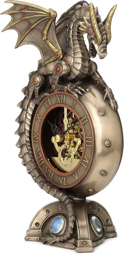 Vista 6 de Veronese Design Reloj de mesa Steampunk con acabado de bronce dragón con relojes móviles